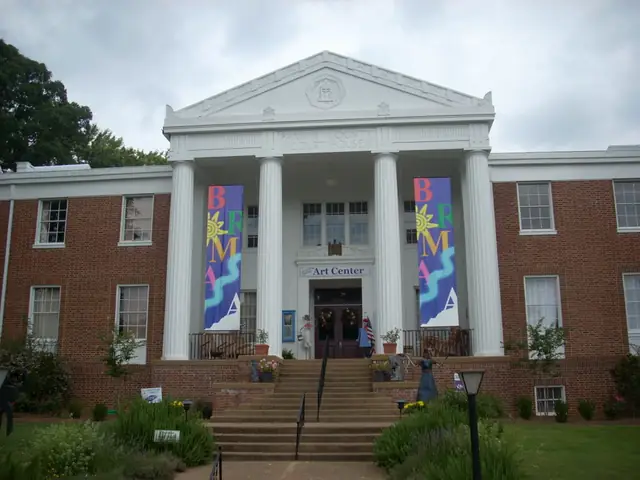 Red-brick building with a white columned portico and pediment, 'FANNIN COUNTY COURT HOUSE' lettering, an 'Art Center' sign over the door, two tall 'BRMA' banners, front steps and planted beds