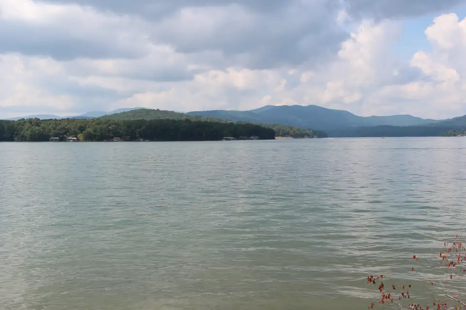 Wide green-gray lake with boathouses along a wooded far shore, layered mountains and heavy clouds, a red-leafed branch at lower right